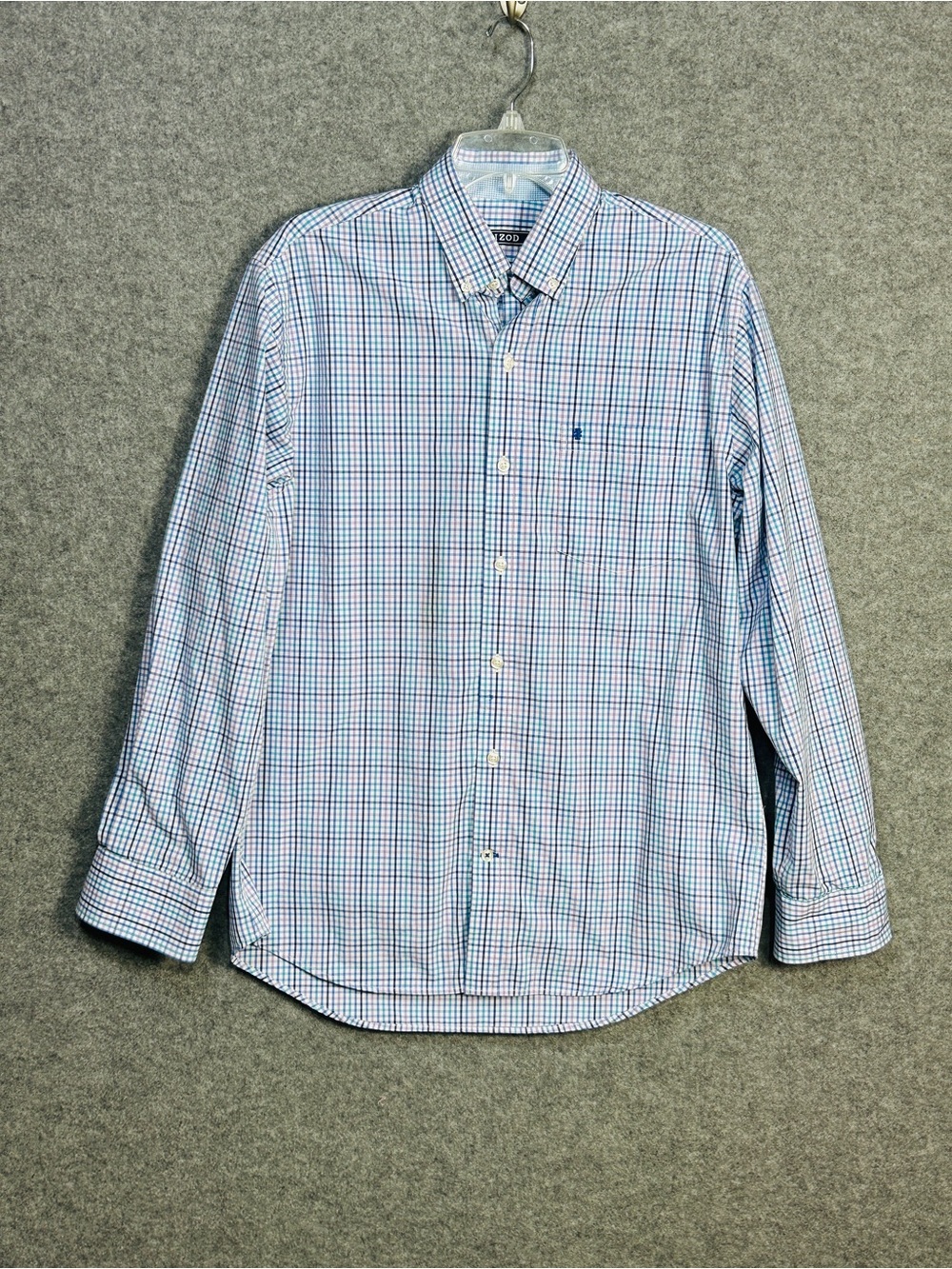 IZOD Men's M Blue Multi Plaid Button-Down Cotton Blend Shirt Natural Stretch